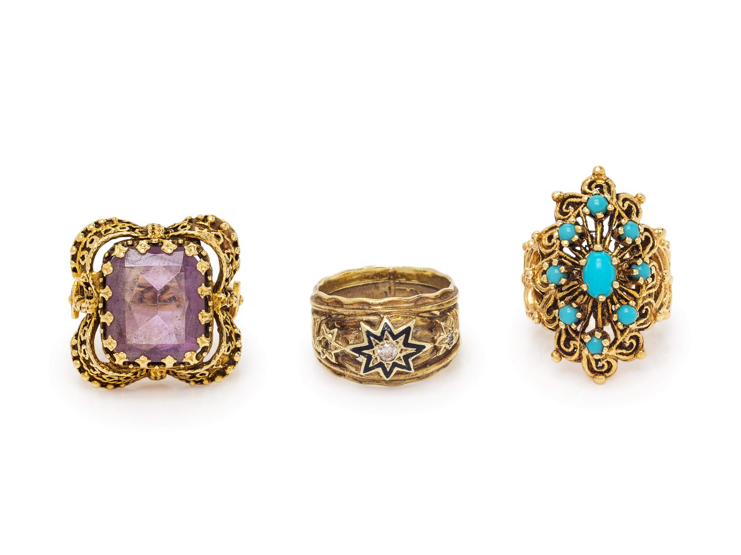 A Collection of Yellow Gold and Gemstone Rings,