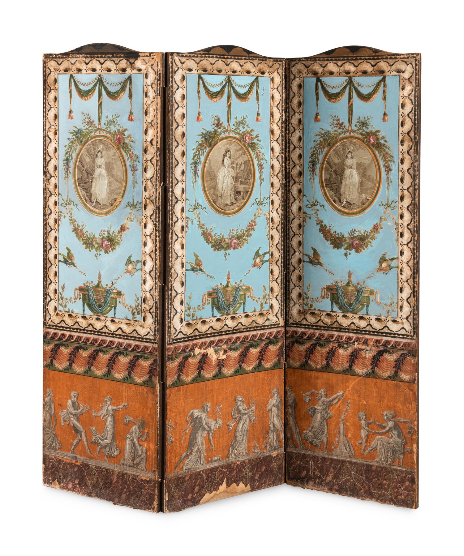A Directoire Painted Wallpaper Floor Screen