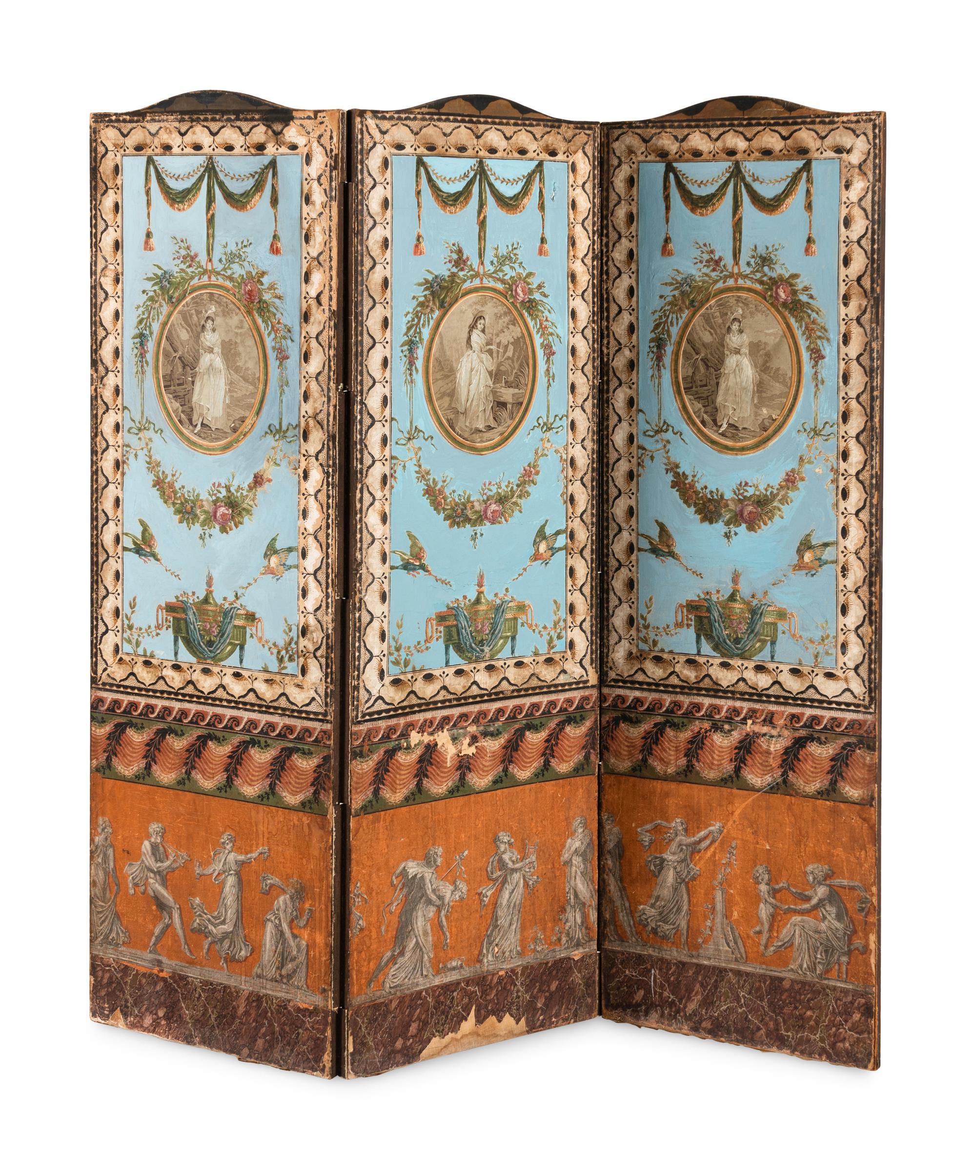 A Directoire Painted Wallpaper Floor Screen