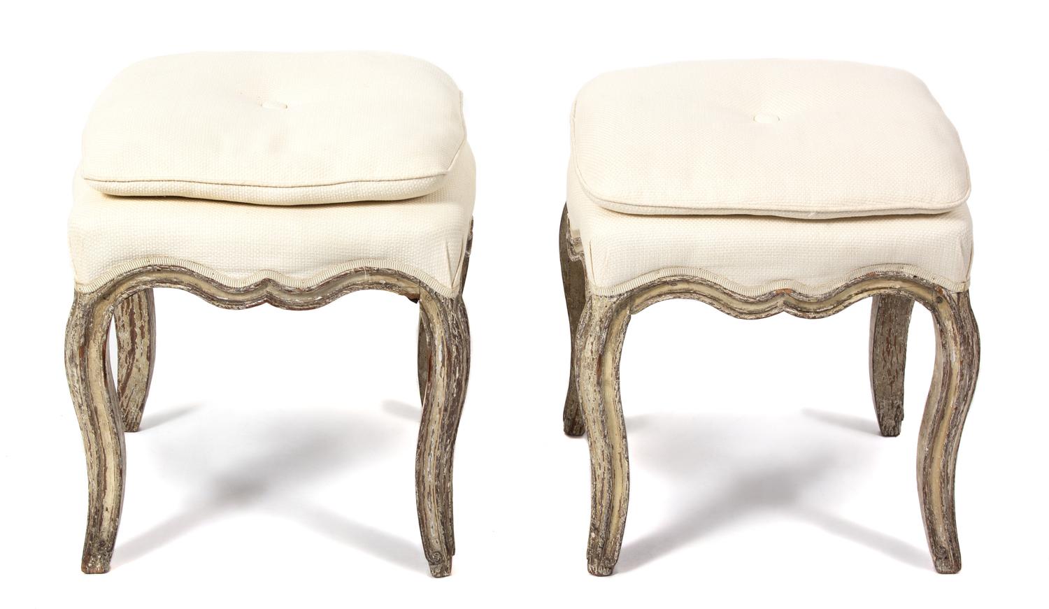 A Pair of Louis XV Style Painted Tabourets Height 18 x 17 inches square. — 19TH CENTURY