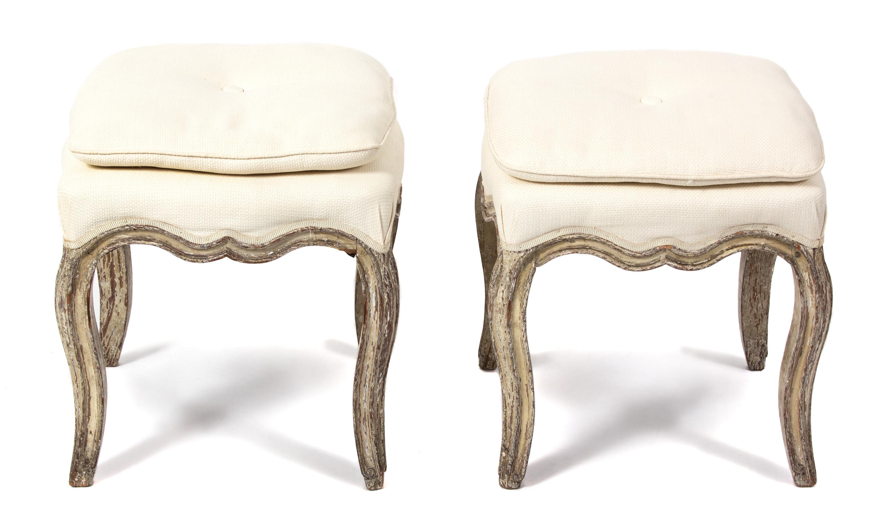 A Pair of Louis XV Style Painted Tabourets Height 18 x 17 inches square. — 19TH CENTURY