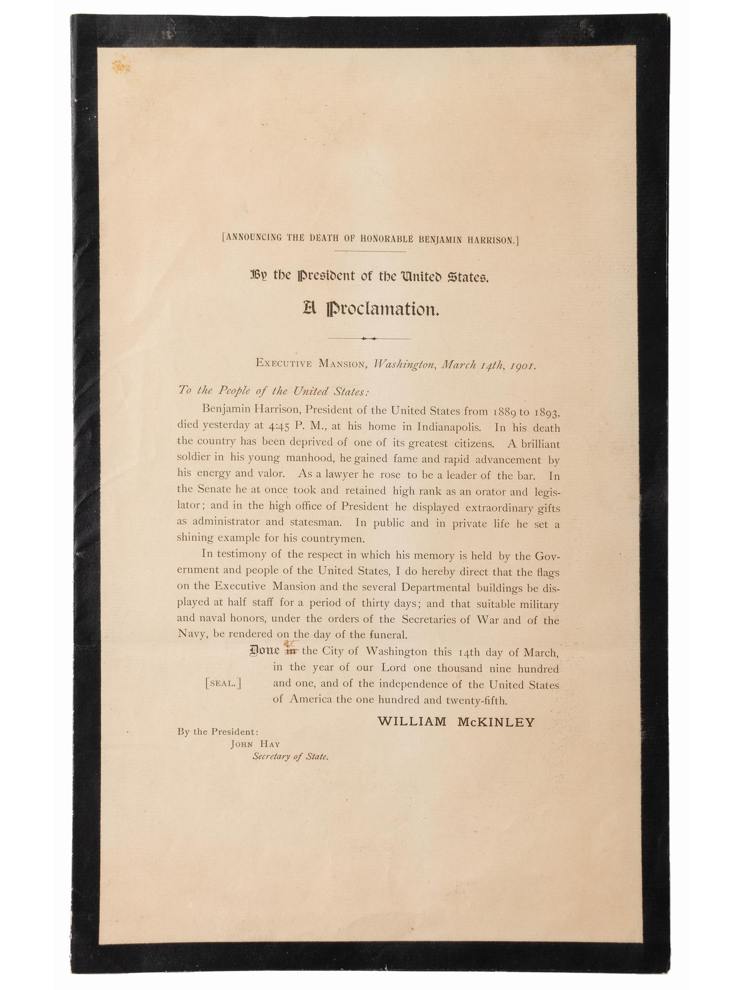 [HARRISON, Benjamin]. McKINLEY, William. Announcing the Death of Honorable Benjamin Harrison. By the President of the United States. A Proclamation.
