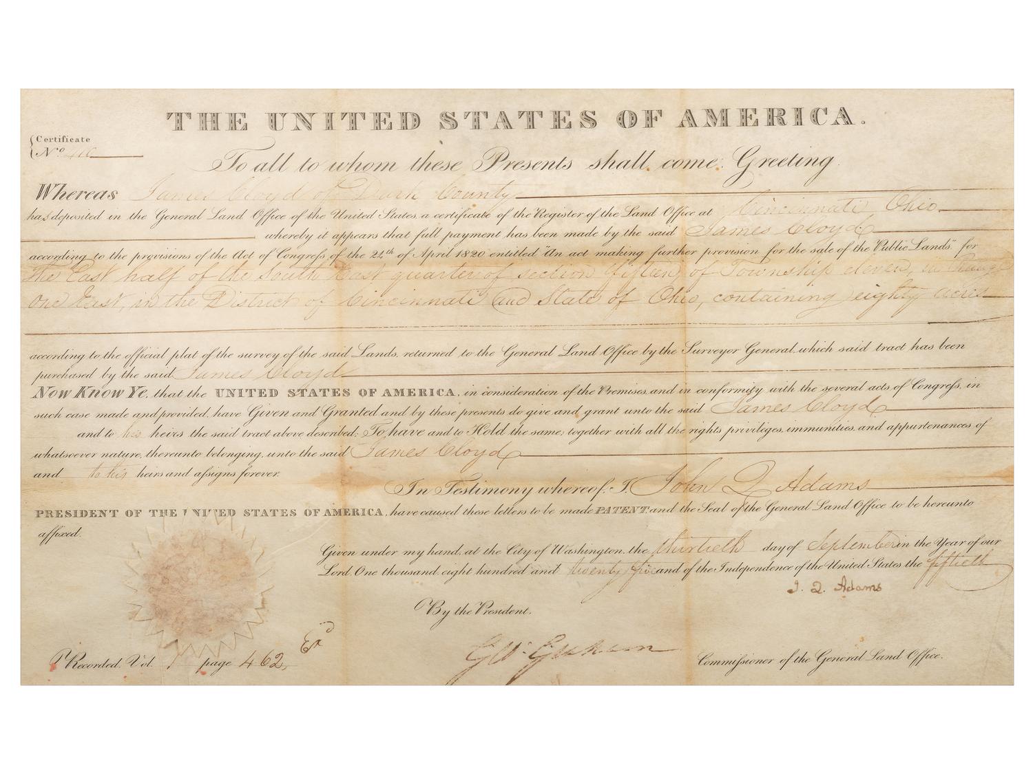 ADAMS, John Quincy (1767-1848). Partly-printed land document signed "(J.Q. Adams"). [Washignton, D.C.], 13 September 1825.