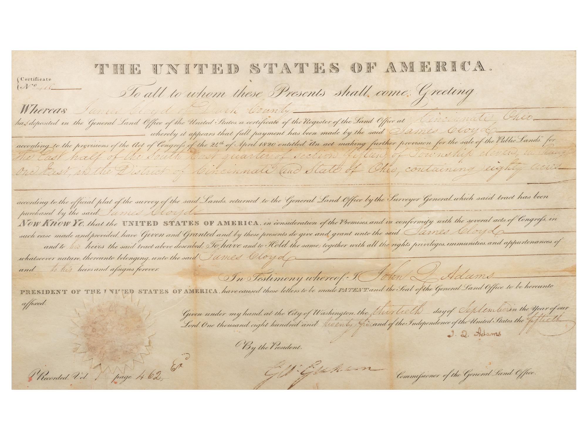 ADAMS, John Quincy (1767-1848). Partly-printed land document signed "(J.Q. Adams"). [Washignton, D.C.], 13 September 1825.