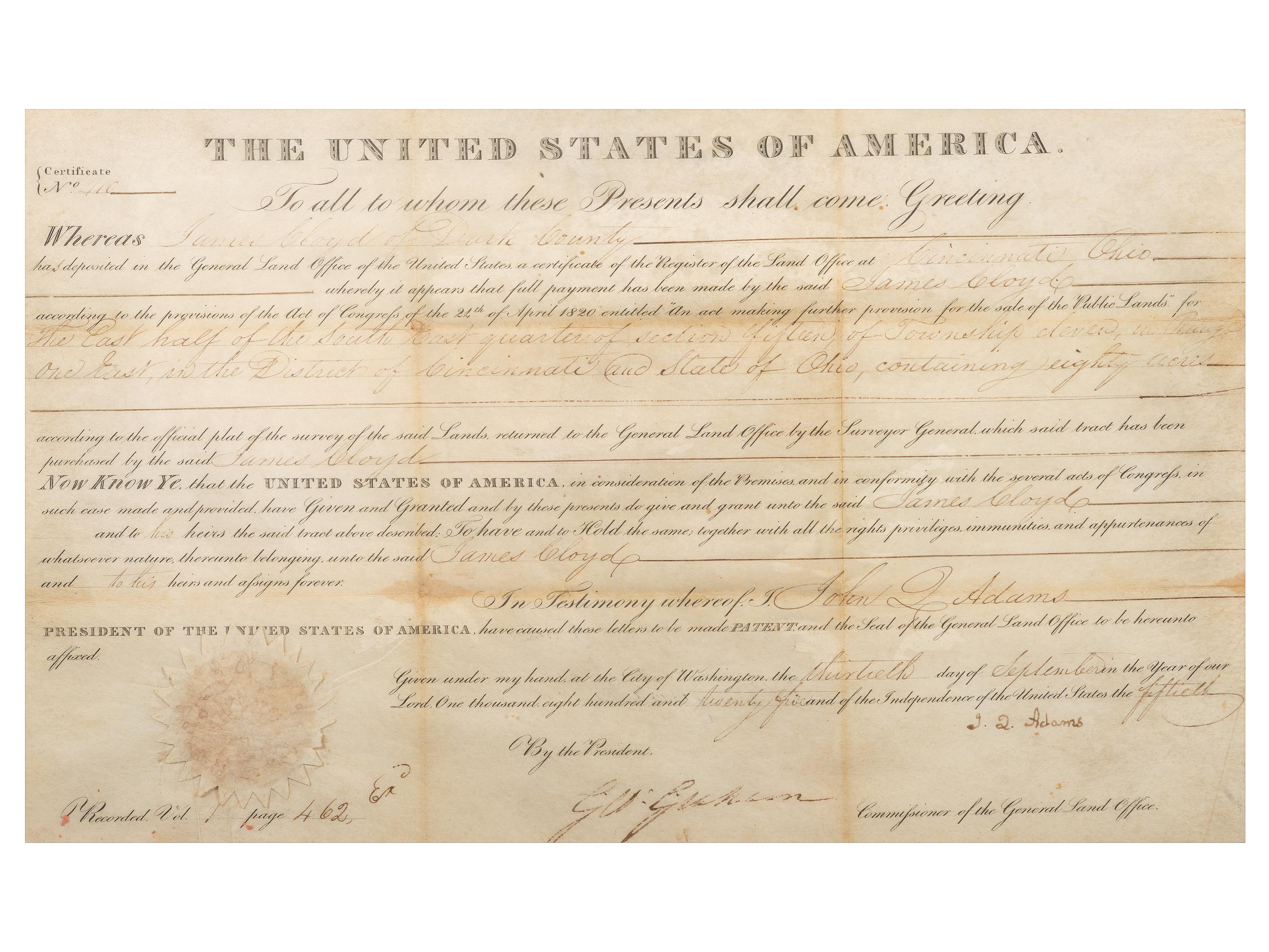 ADAMS, John Quincy (1767-1848). Partly-printed land document signed "(J.Q. Adams"). [Washignton, D.C.], 13 September 1825.