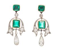 A Pair of Edwardian Yellow Gold, Platinum, Emerald and Diamond Earrings, 4.40 dwts.