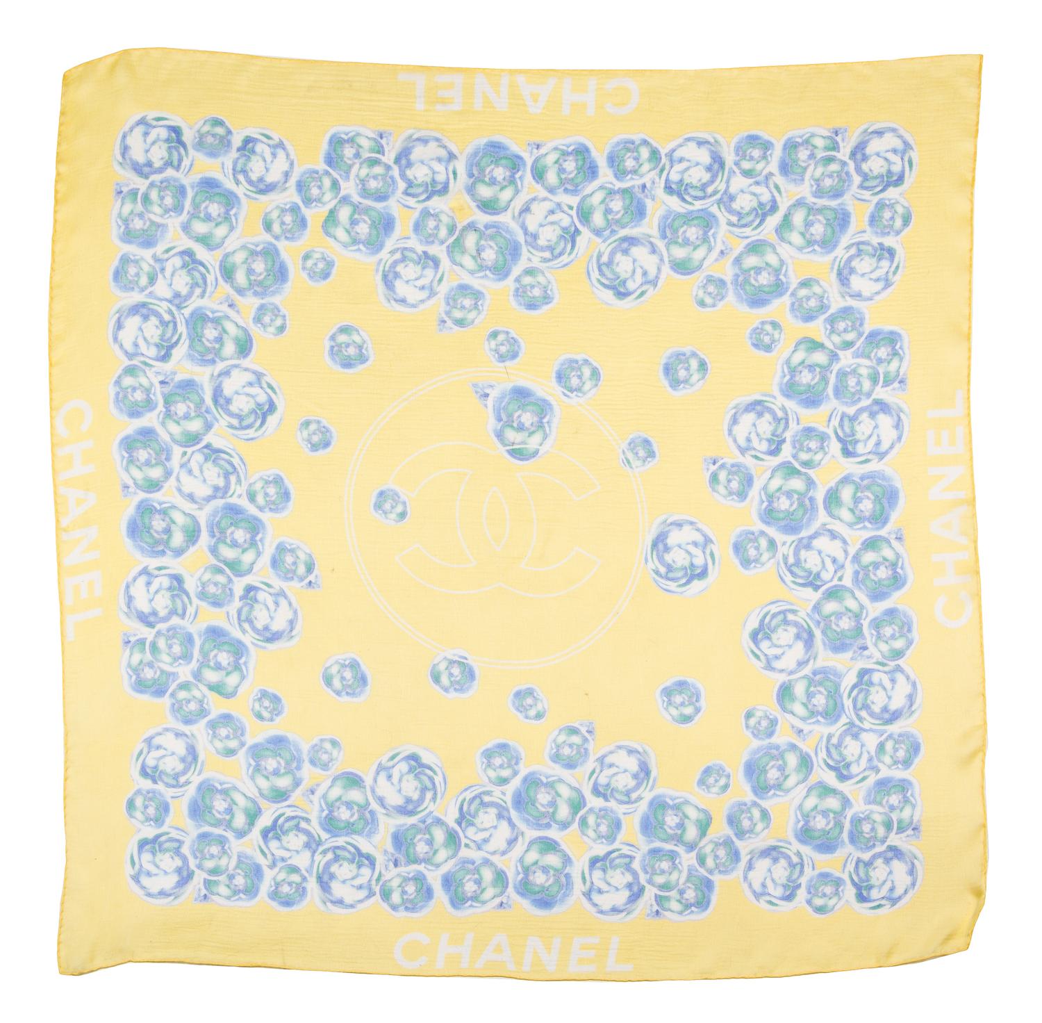 A Chanel Yellow and Blue Floral Silk Scarf, 38" x 38".