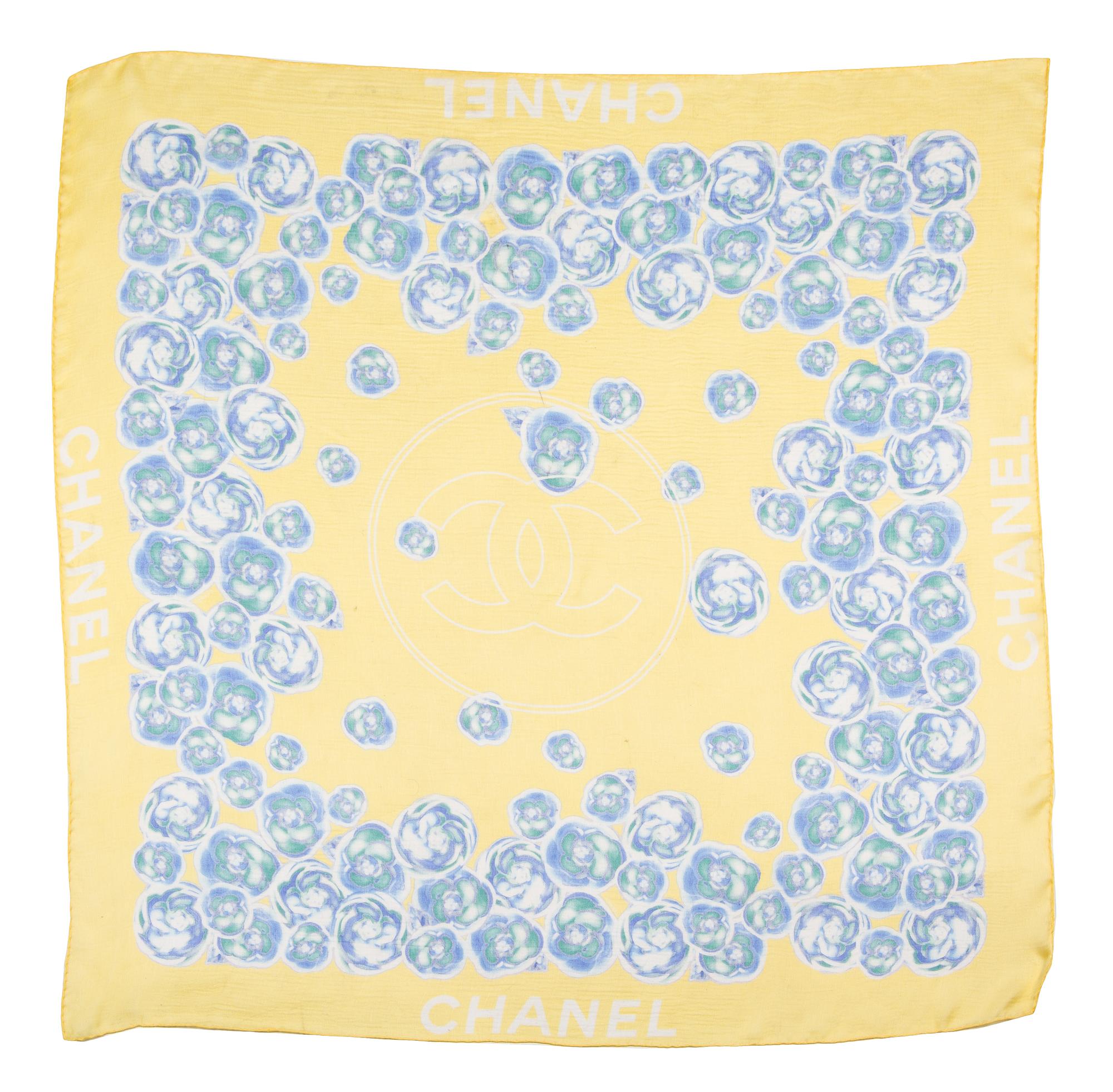 A Chanel Yellow and Blue Floral Silk Scarf, 38" x 38".