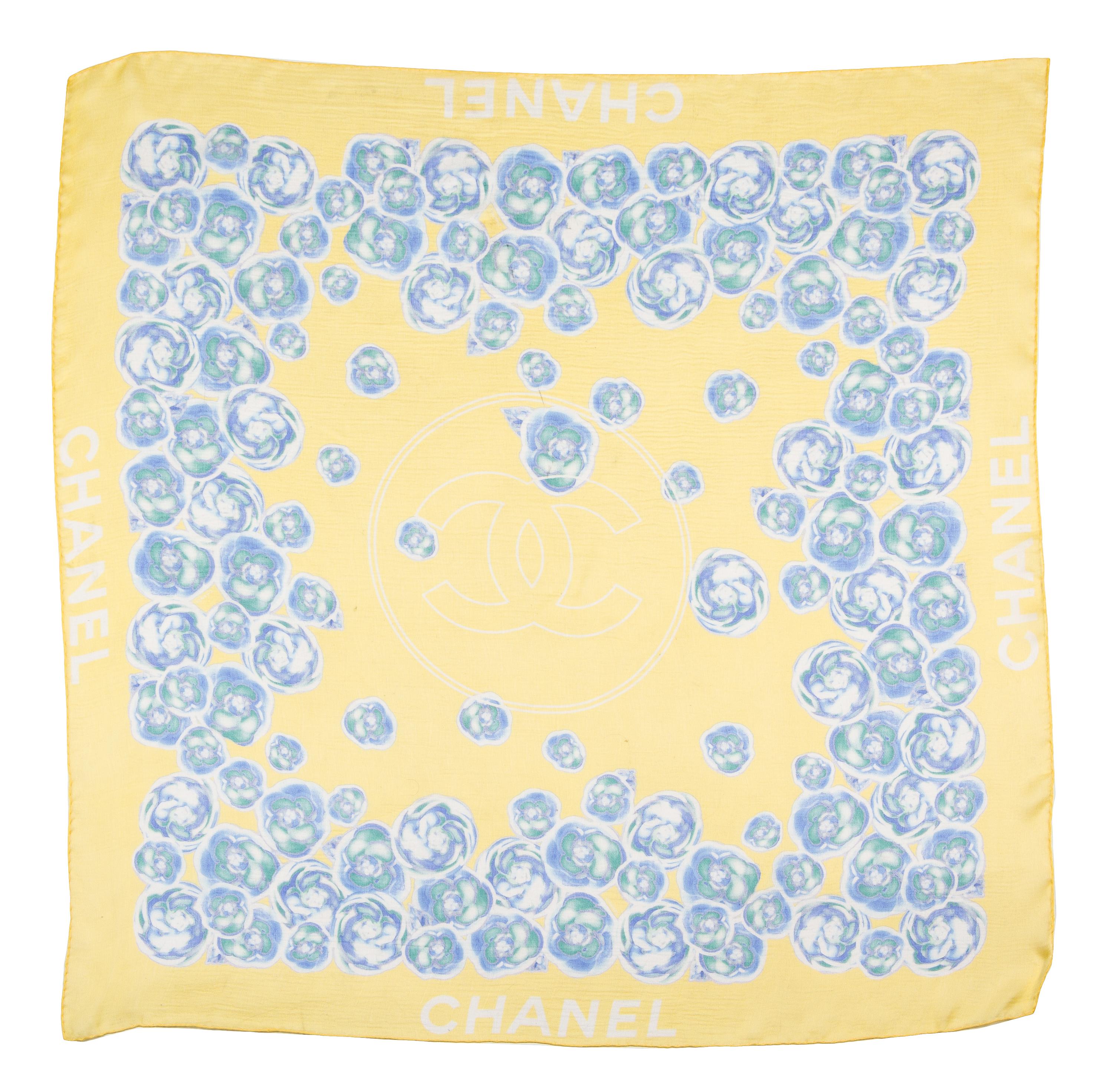 A Chanel Yellow and Blue Floral Silk Scarf, 38" x 38".