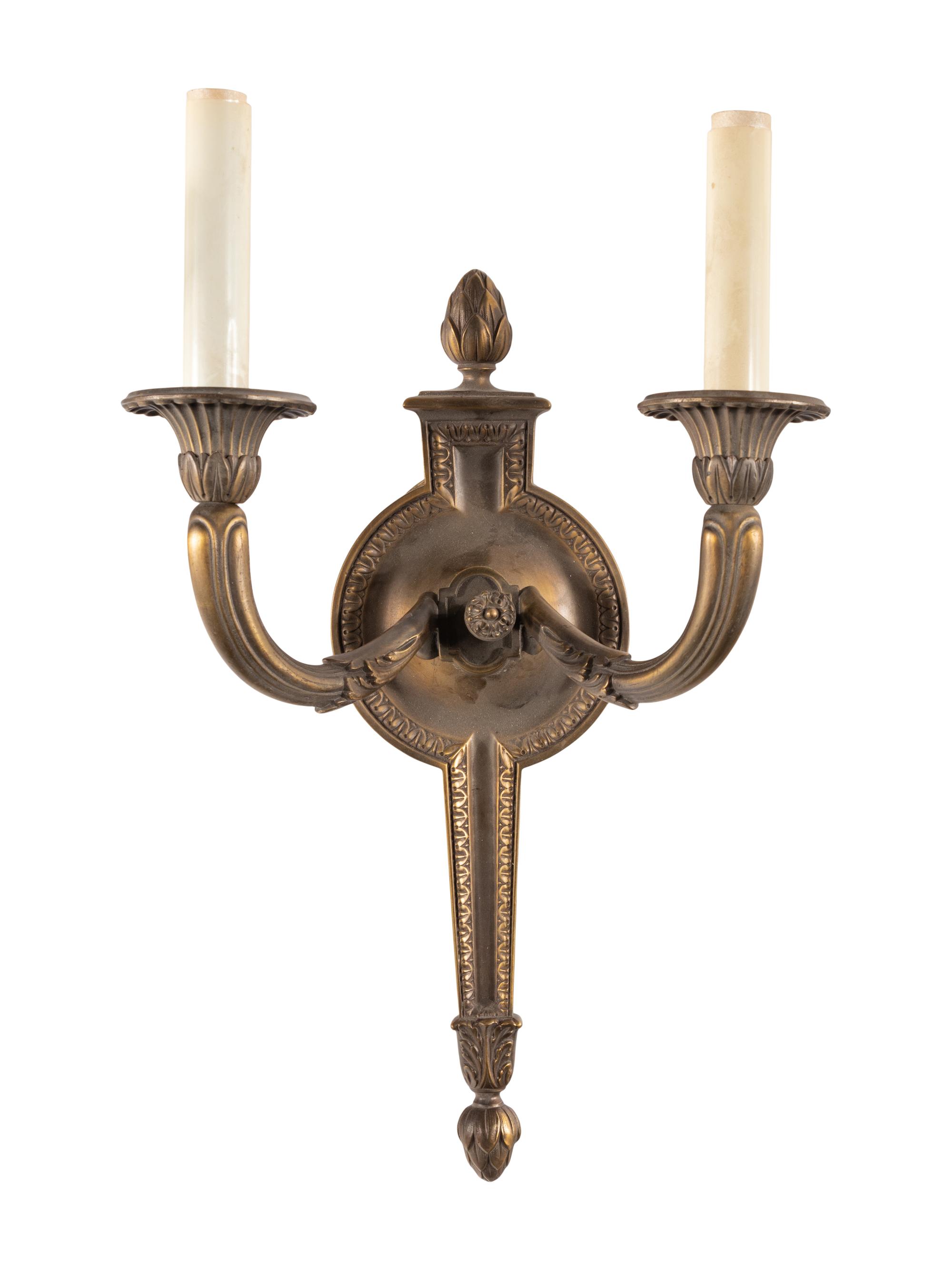 A Set of Eight Neoclassical Style Gilt Metal Two-Light Sconces