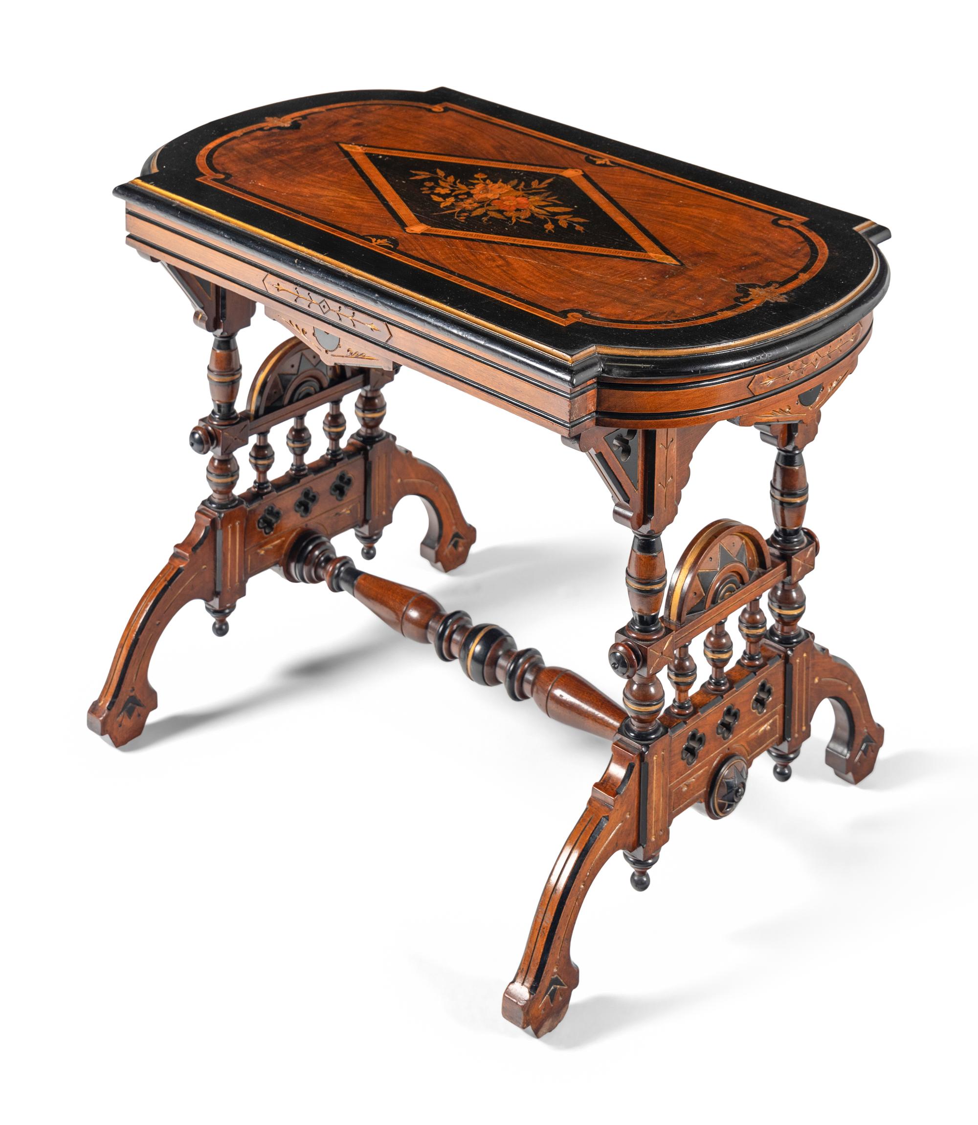 An Aesthetic Movement Part-Ebonized Walnut and Marquetry Side Table