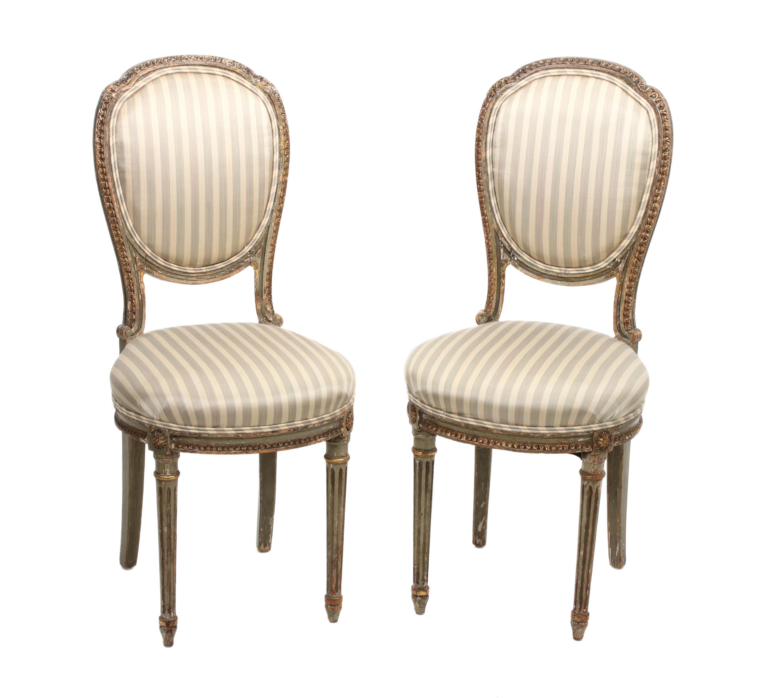 A Pair of Louis XVI Style Painted Side Chairs Height 36 x width 16 x depth 17 inches