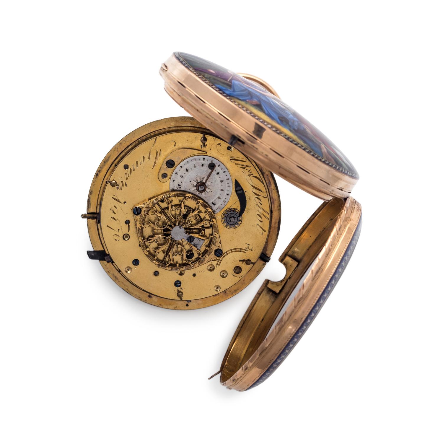 GILT-METAL AND ENAMEL QUARTER REPEATER OPEN FACE POCKET WATCH