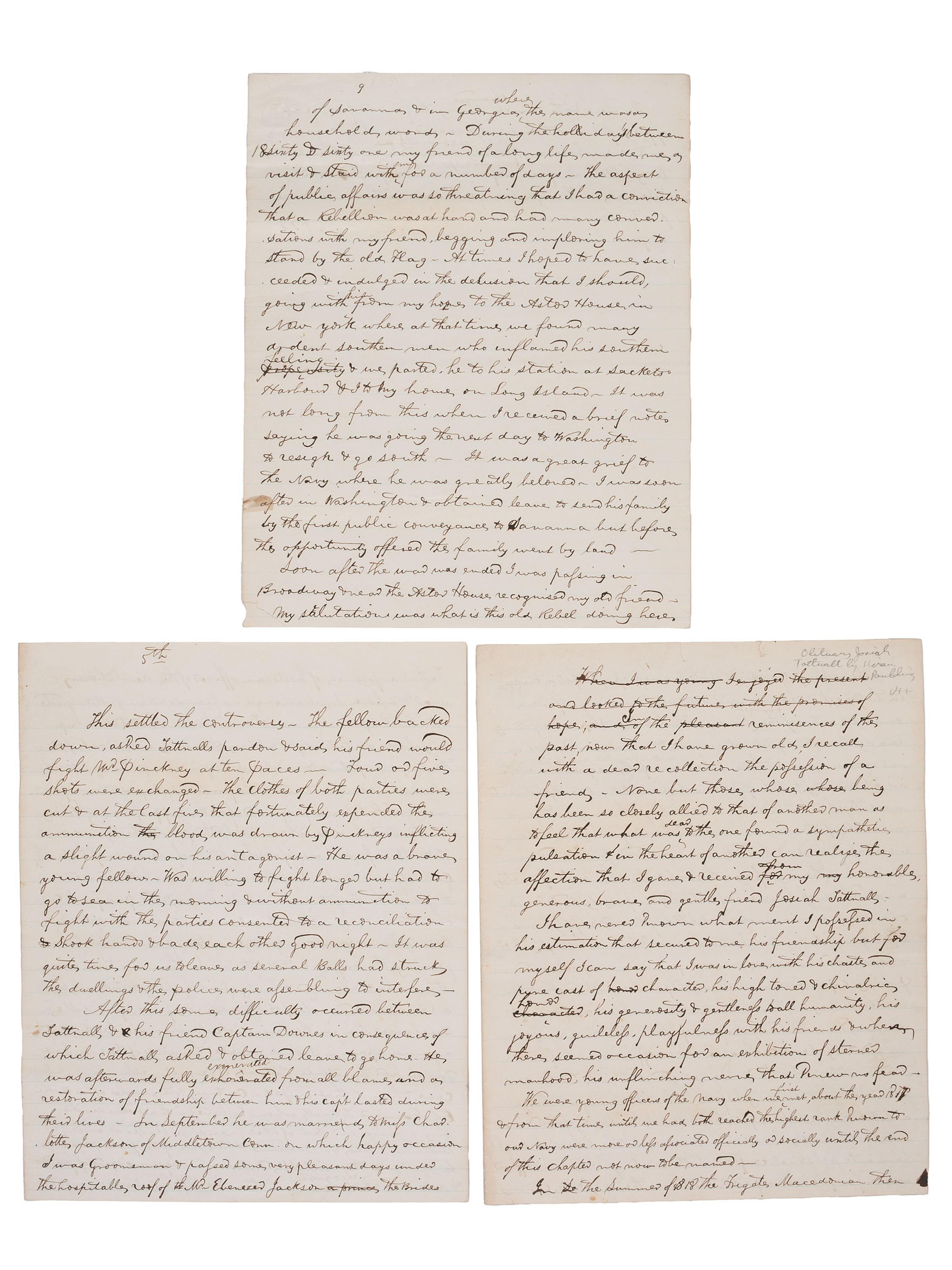 [US NAVY]. TATTNALL, Commodore Josiah (1795-1871). Correspondence from Josiah Tattnall III to his longtime friend Commodore Hiram Paulding, 1830s-1850s. [ With: ] Paulding's manuscript account of their friendship.