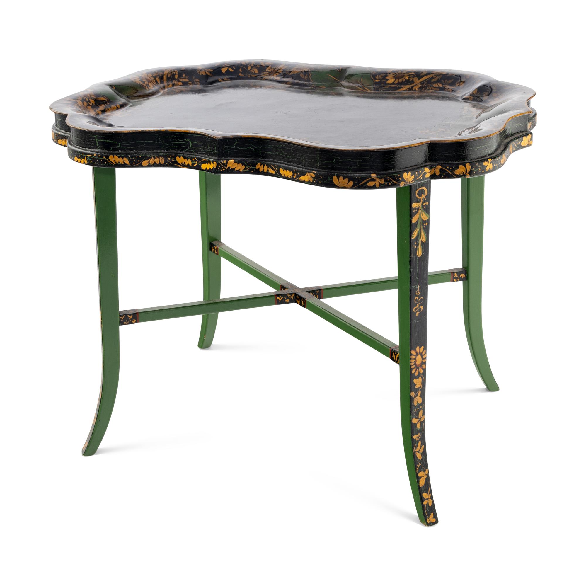 An English Papier Mâché Tray on an Associated Painted Stand