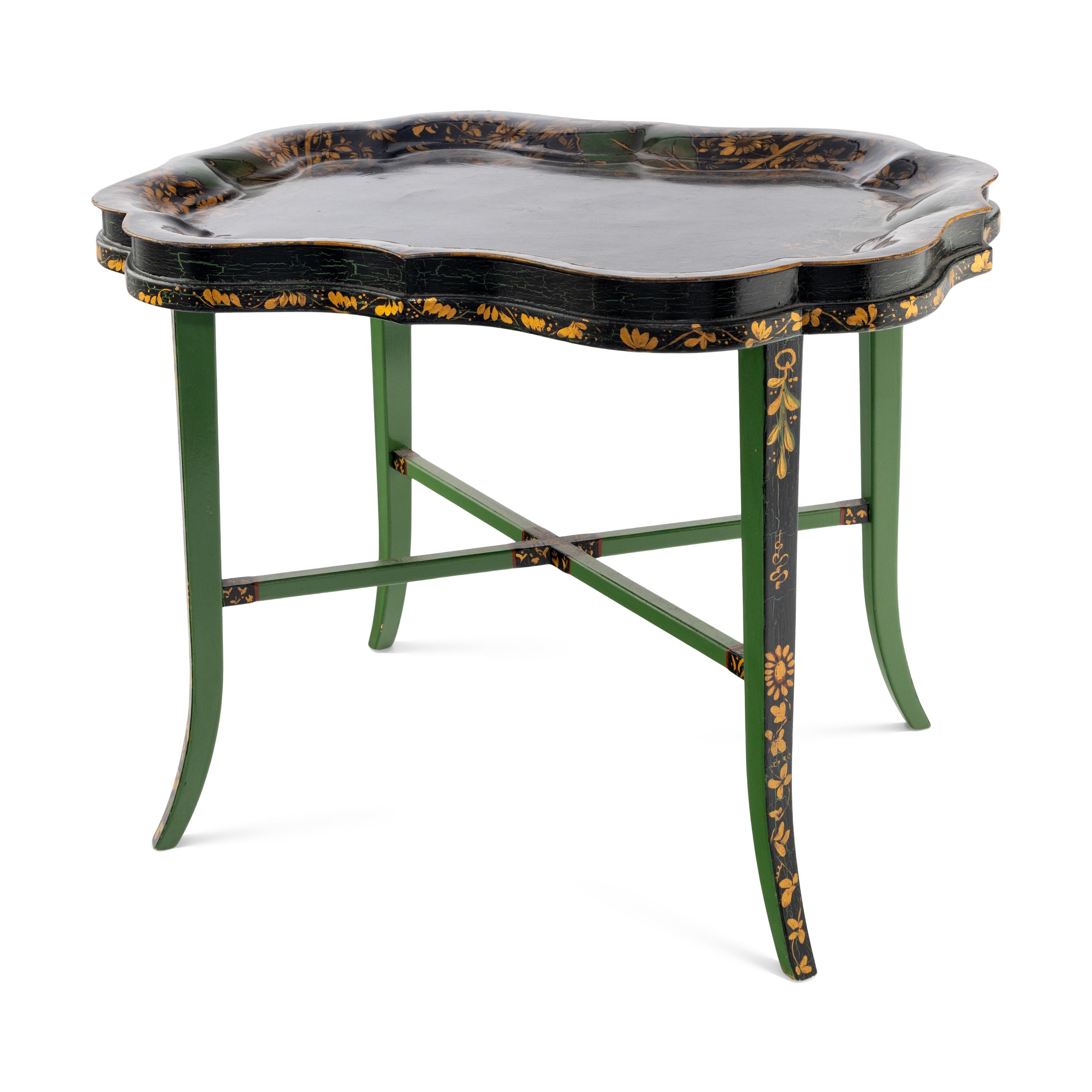 An English Papier Mâché Tray on an Associated Painted Stand