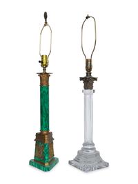 A Gilt Bronze Mounted Malachite Lamp and a French Cut Glass Columnar Lamp