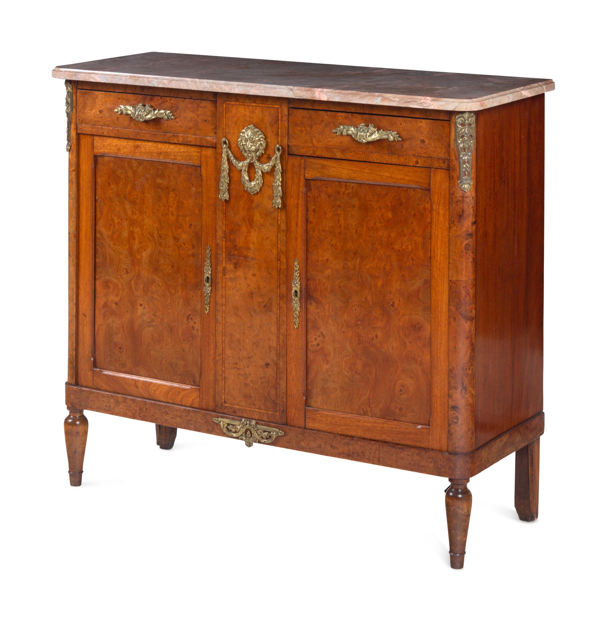 A Louis XVI Style Gilt Bronze-Mounted Burlwood Marble-Top Serving Cabinet