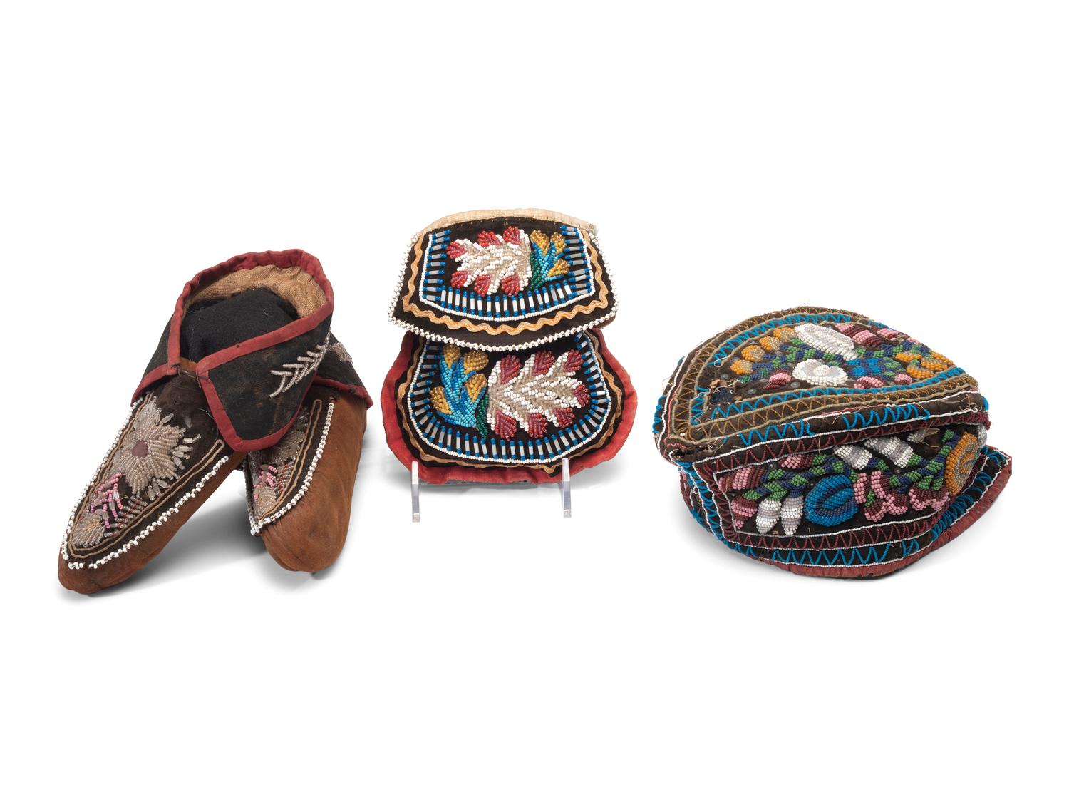 Haudenosaunee Beaded Purse, Moccasins, and Glengarry Cap