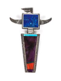 A Hopi Silver, Lapis, Sugilite, Coral and Turquoise Sand-Cast Horned Kachina Pendant, Michael Little Elk Height 4 1/4 x width 2 1/4 inc
