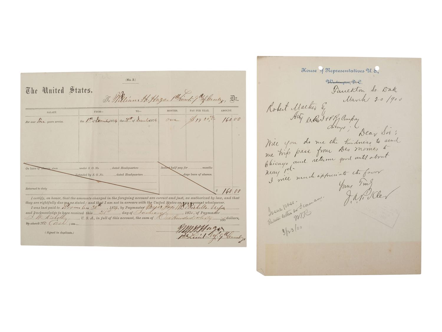 [CIVIL WAR - UNITED STATES COLORED TROOPS]. A group of 4 documents related to officers of USCT and Buffalo Soldier regiments including 2 ALsS from General Edward W. Hincks.