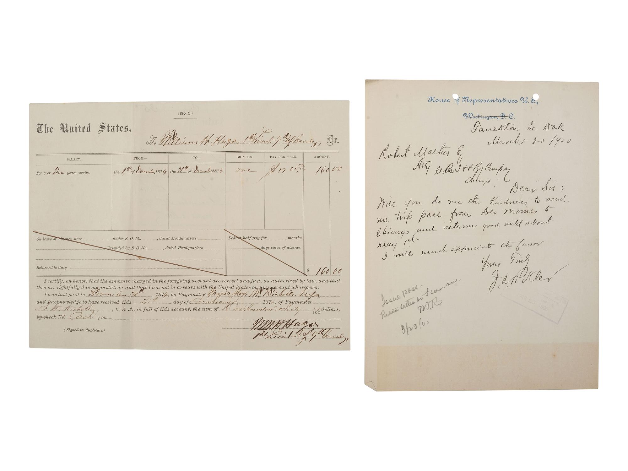 [CIVIL WAR - UNITED STATES COLORED TROOPS]. A group of 4 documents related to officers of USCT and Buffalo Soldier regiments including 2 ALsS from General Edward W. Hincks.