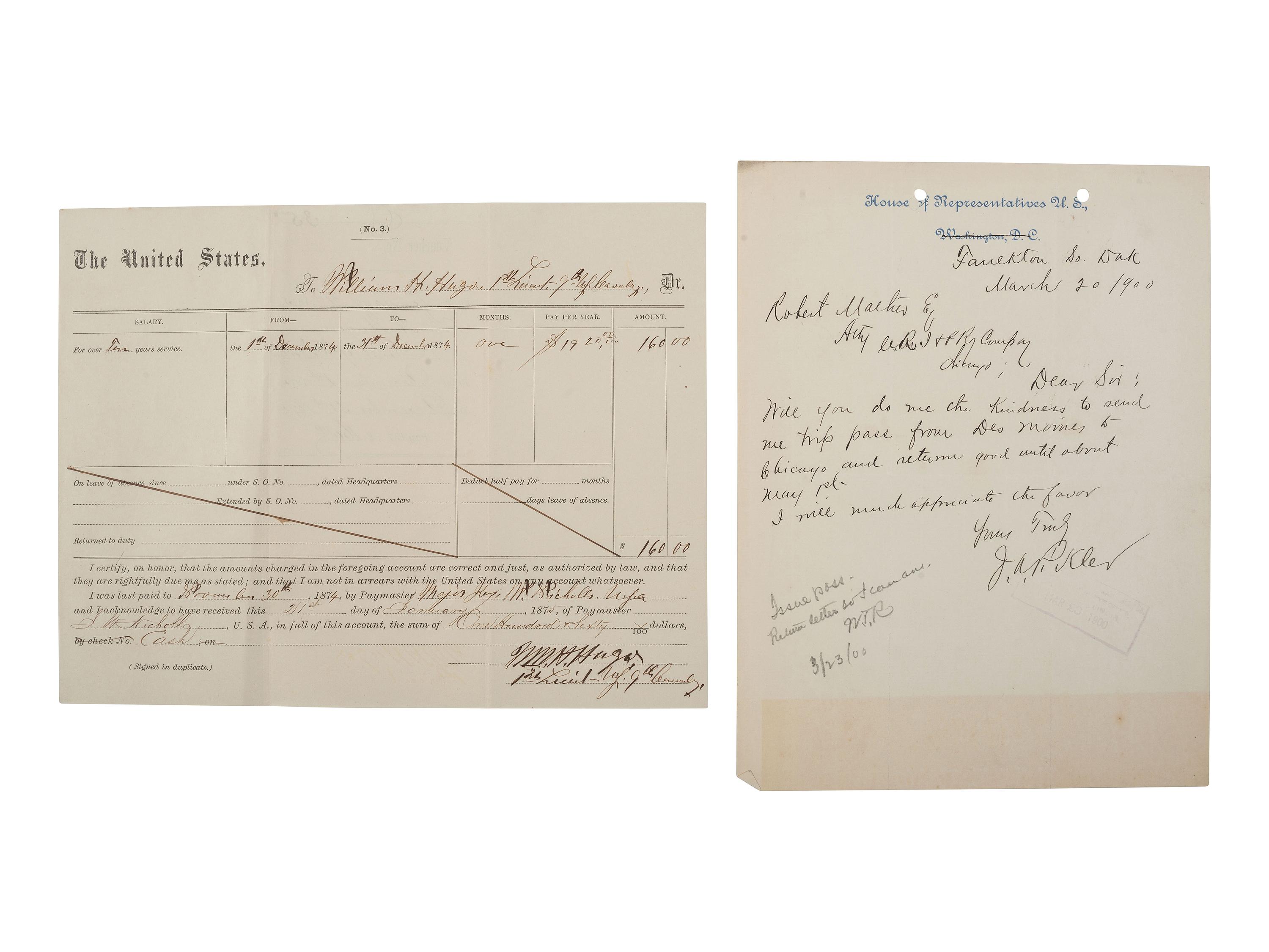 [CIVIL WAR - UNITED STATES COLORED TROOPS]. A group of 4 documents related to officers of USCT and Buffalo Soldier regiments including 2 ALsS from General Edward W. Hincks.