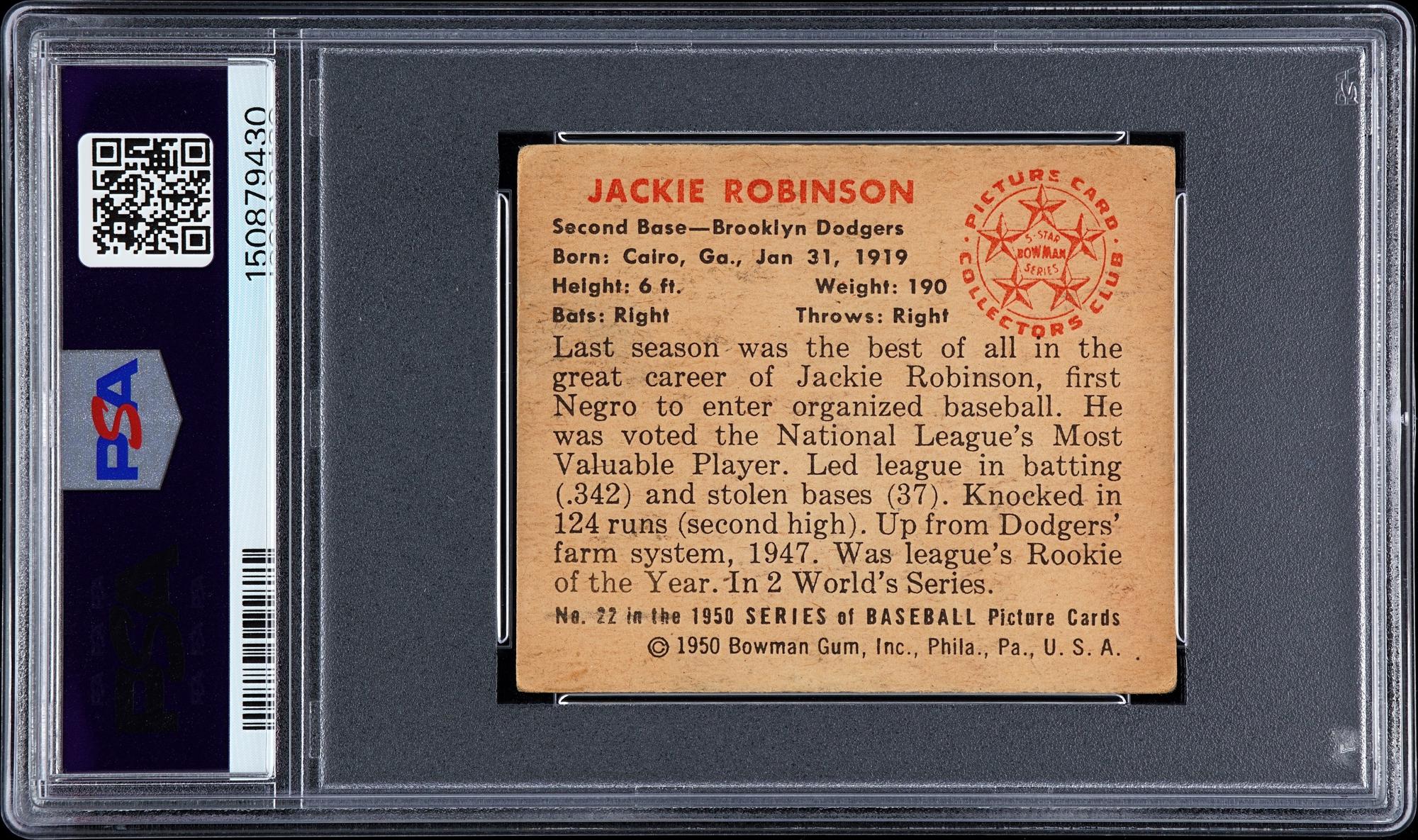A 1950 Bowman Jackie Robinson Baseball Card No. 22 (PSA 2 GOOD)