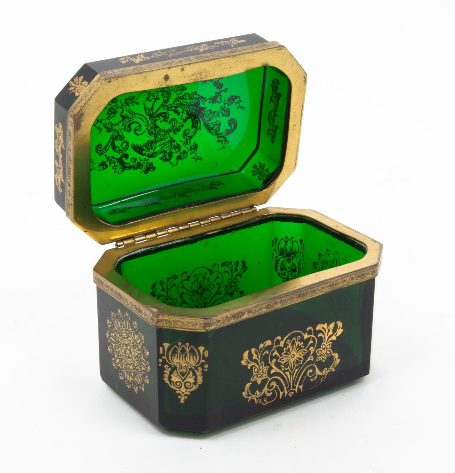 A French Gilt Decorated Glass Table Casket Width 5 1/8 inches. — 19TH/20TH CENTURY