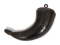 A Chinese Brass Silk Iron, Two Gunpowder Flasks and a Horn Vessel
