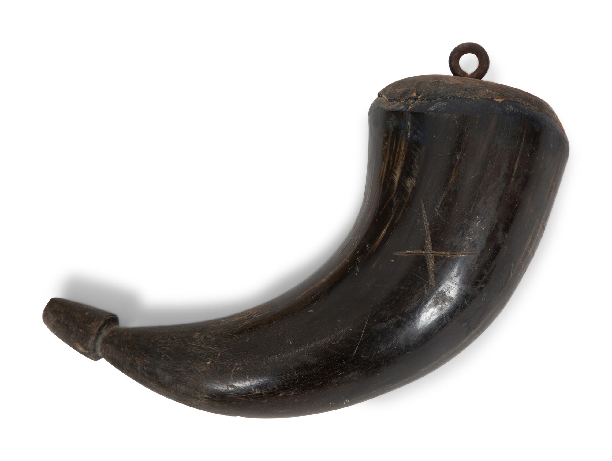 A Chinese Brass Silk Iron, Two Gunpowder Flasks and a Horn Vessel