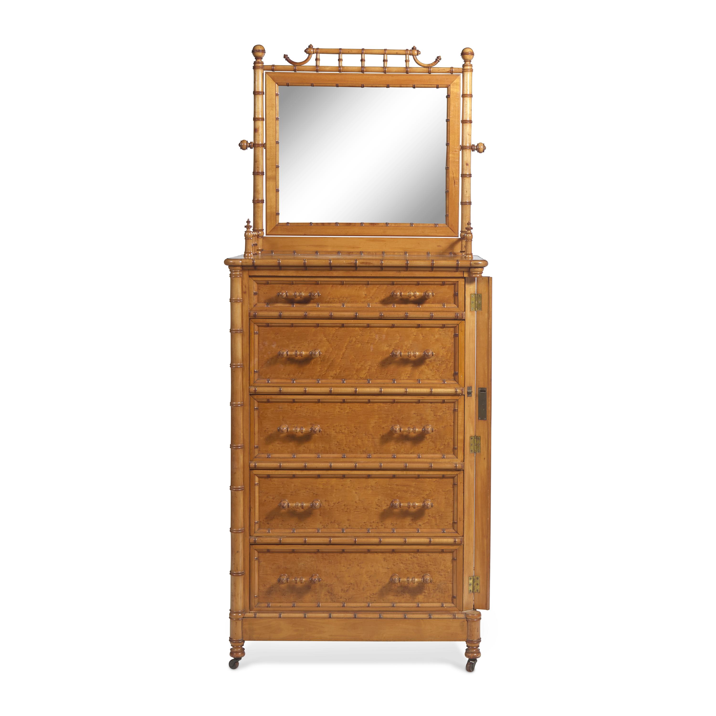 A Carved Bamboo and Bird's Eye Maple Bedroom Suite