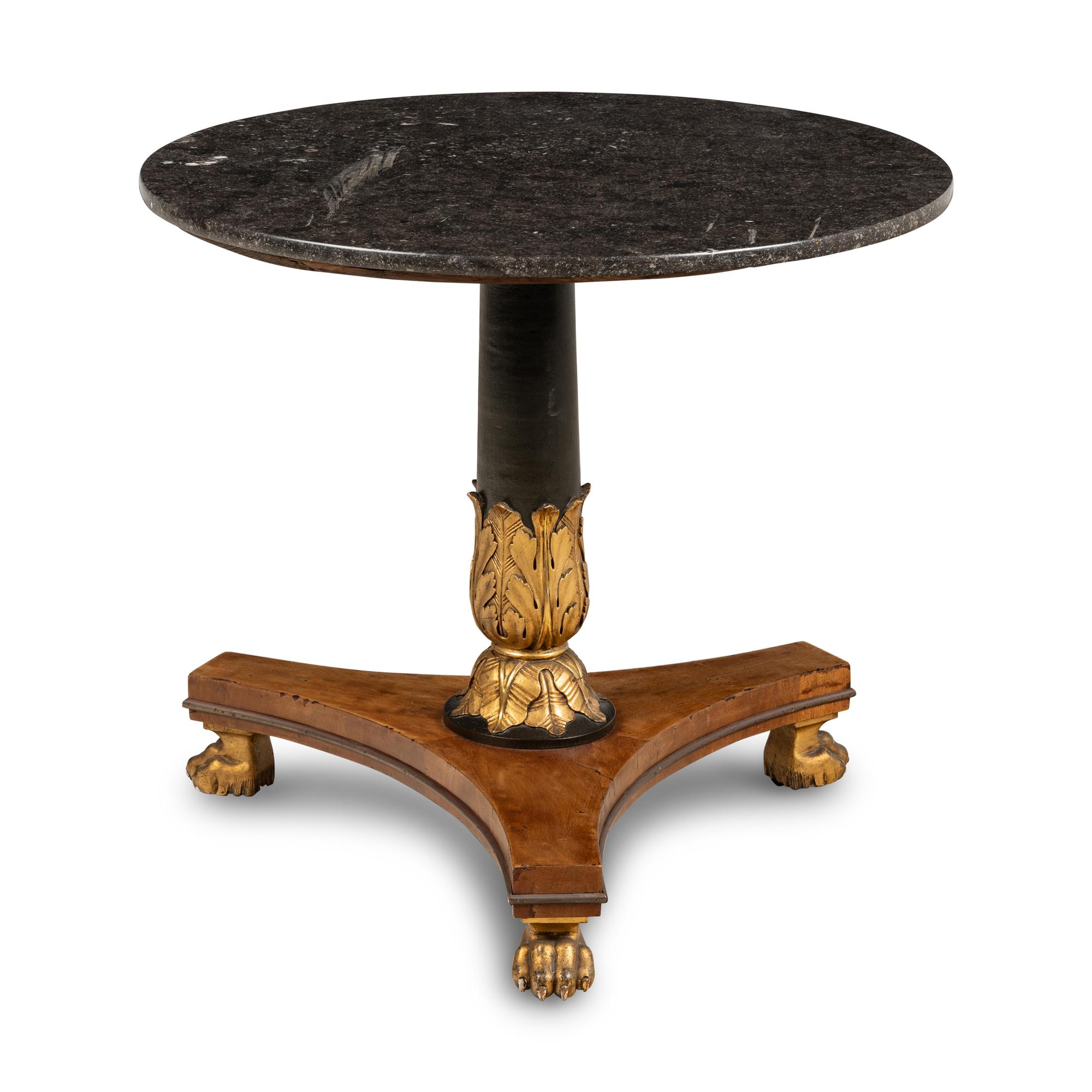 A Regency Style Parcel-Gilt Walnut and Marble Top Center Table