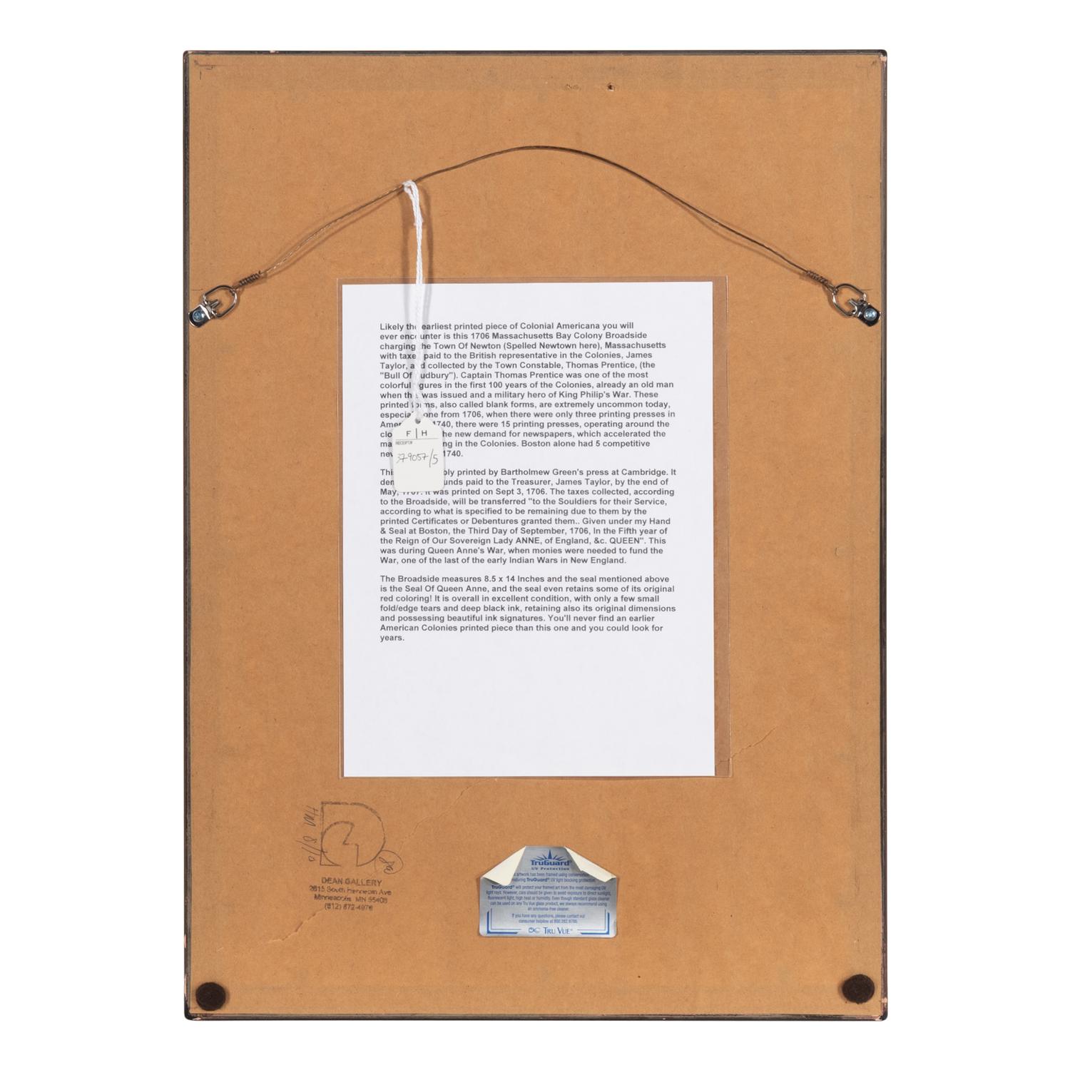 [Taxation - Massachusetts Bay]. Partly printed broadside signed ("J. Taylor") to Thomas Prentice, [Boston: Bartholomew Green and John Allen], 3 September 1706.