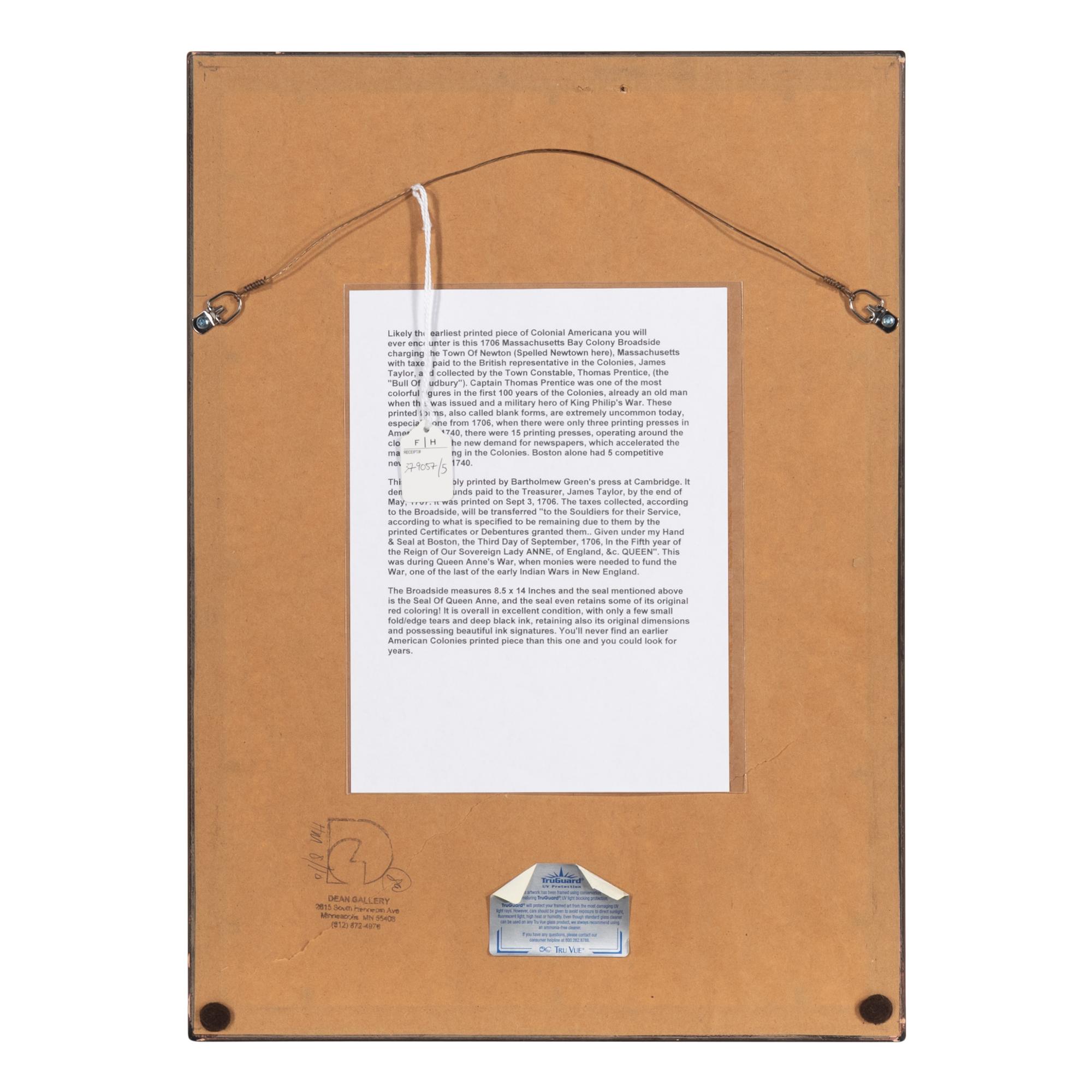 [Taxation - Massachusetts Bay]. Partly printed broadside signed ("J. Taylor") to Thomas Prentice, [Boston: Bartholomew Green and John Allen], 3 September 1706.