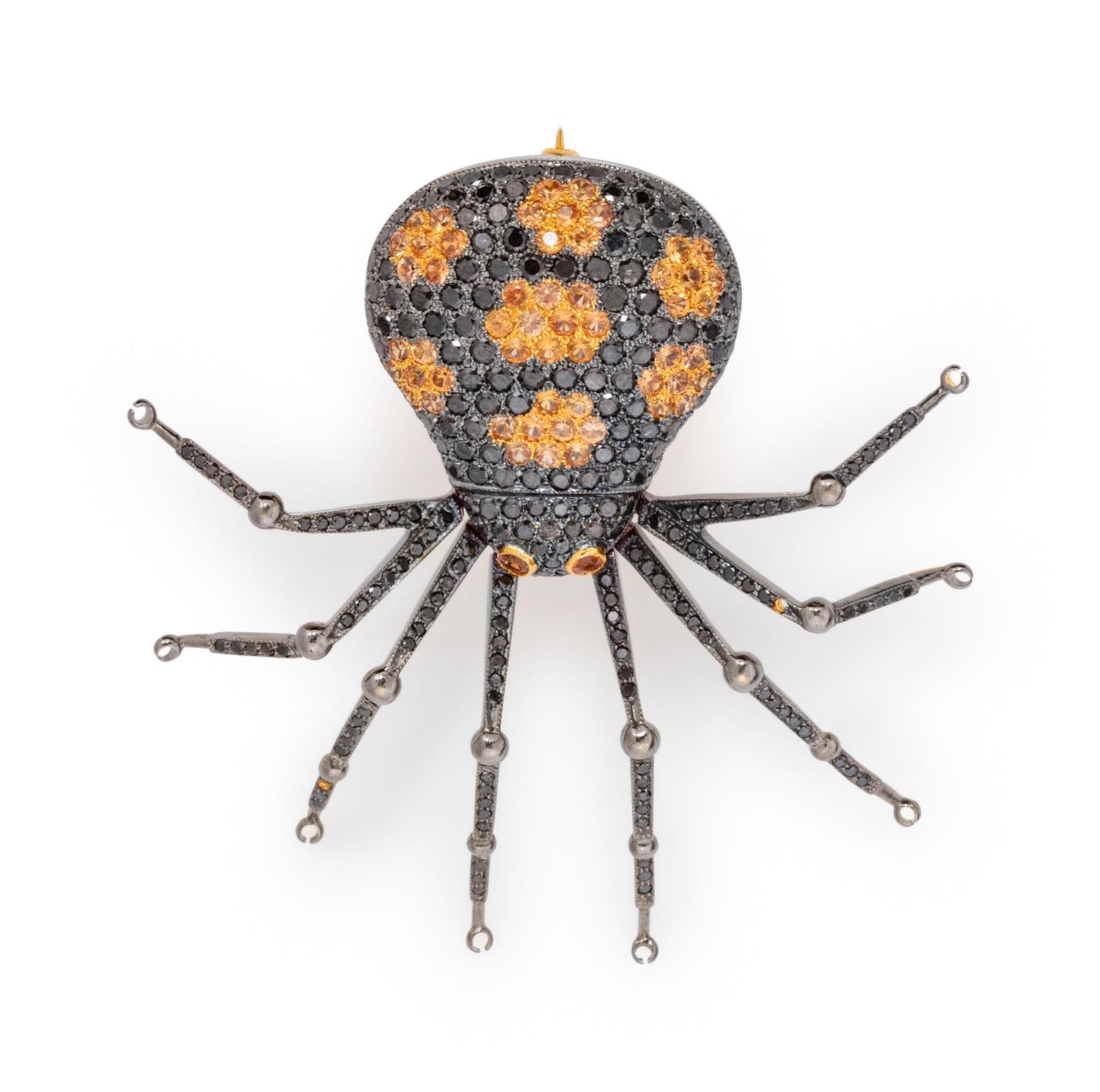 An 18 Karat Yellow Gold, Black Diamond and Yellow Sapphire Spider Brooch,