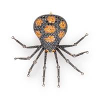 An 18 Karat Yellow Gold, Black Diamond and Yellow Sapphire Spider Brooch,