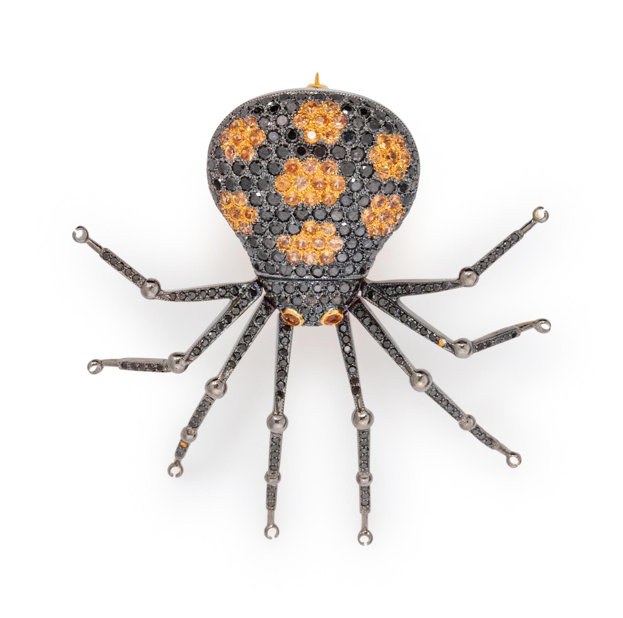 An 18 Karat Yellow Gold, Black Diamond and Yellow Sapphire Spider Brooch,