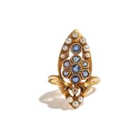 SAPPHIRE, DIAMOND AND SEED PEARL RING