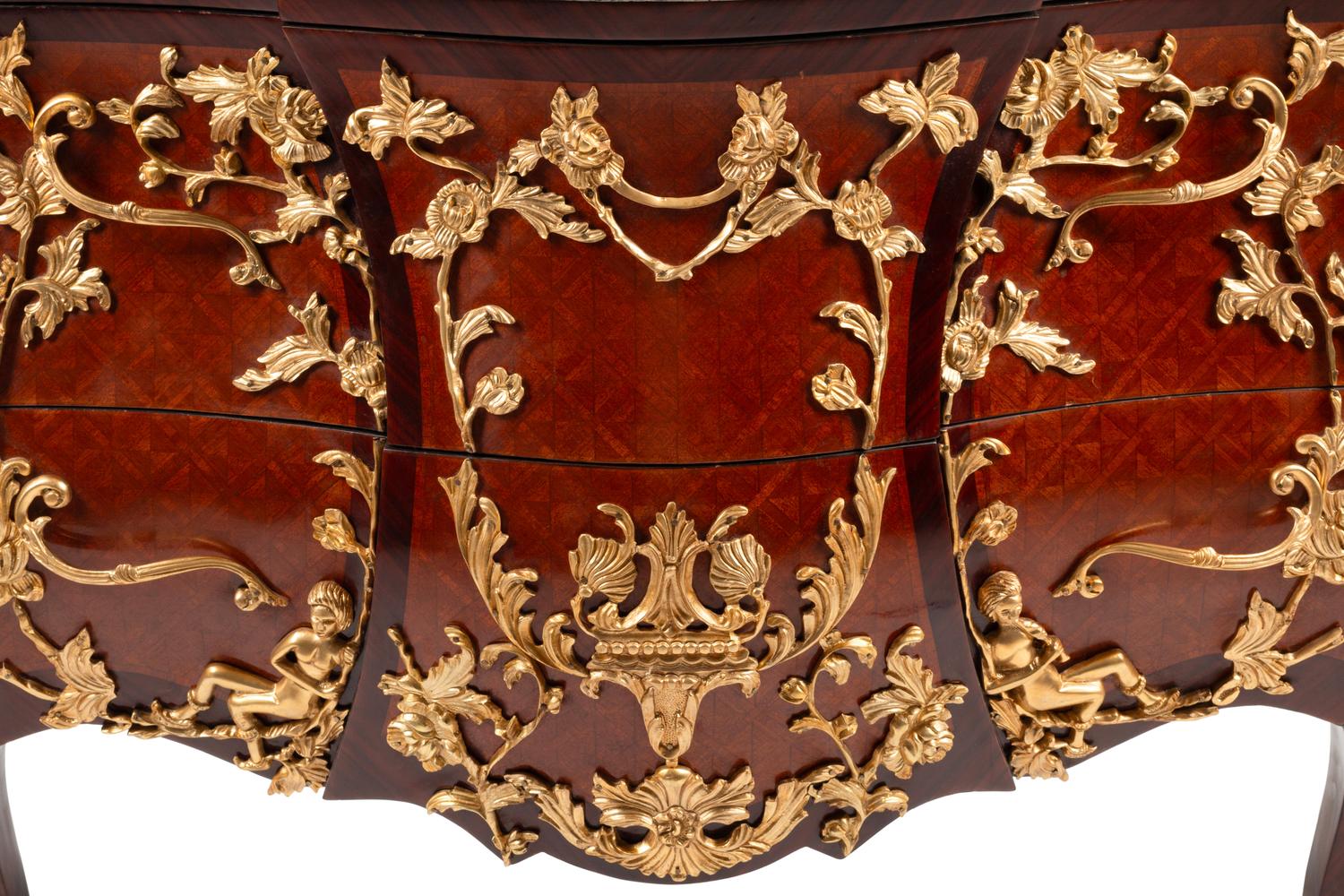 A Louis XV Style Gilt Bronze Mounted Parquetry Marble-Top Commode After the Model by Charles Cressent