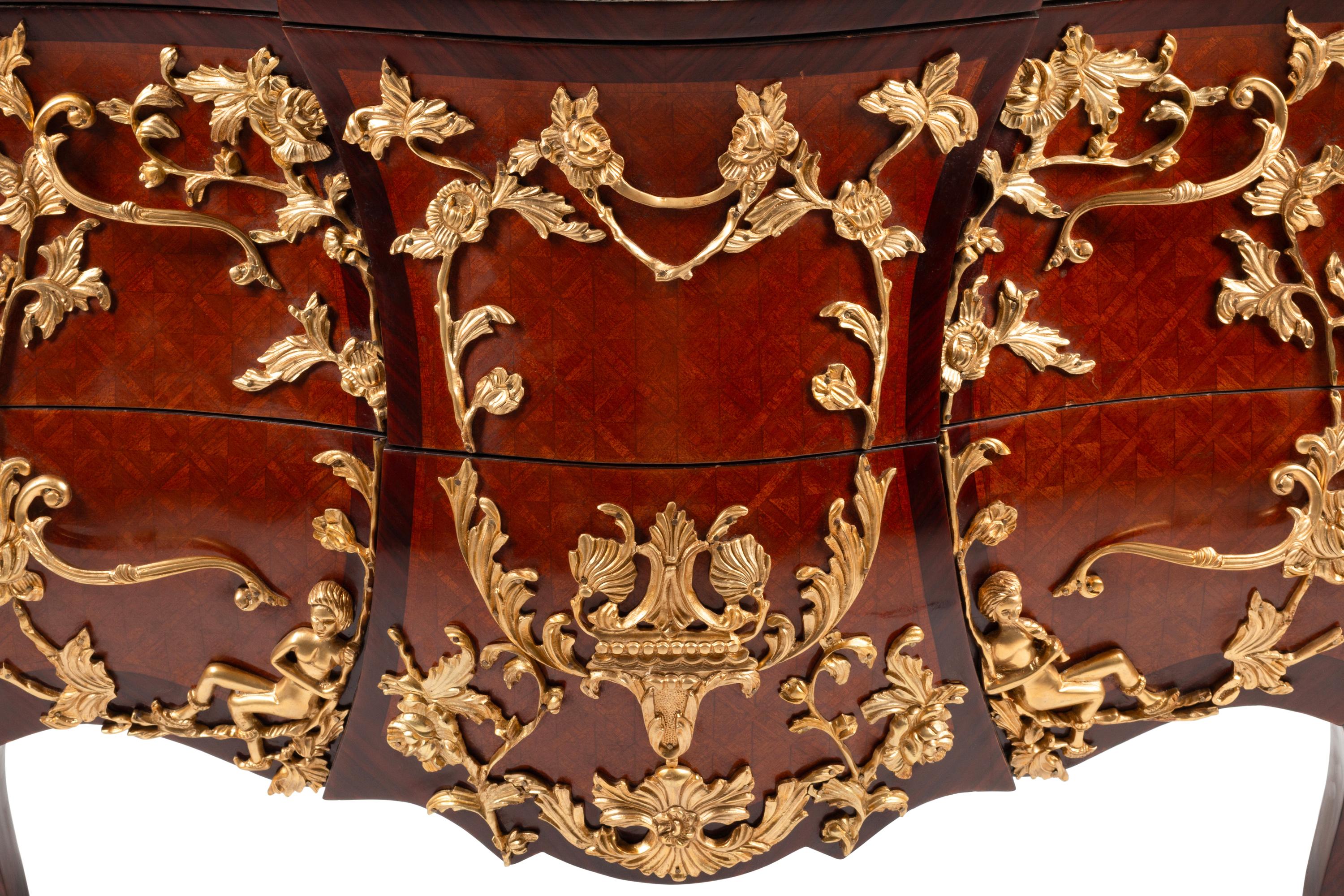 A Louis XV Style Gilt Bronze Mounted Parquetry Marble-Top Commode After the Model by Charles Cressent