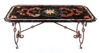 A Pietra Dura Table Top with a Wrought Iron Base Height 30 x width 70 inches. — 20TH CENTURY