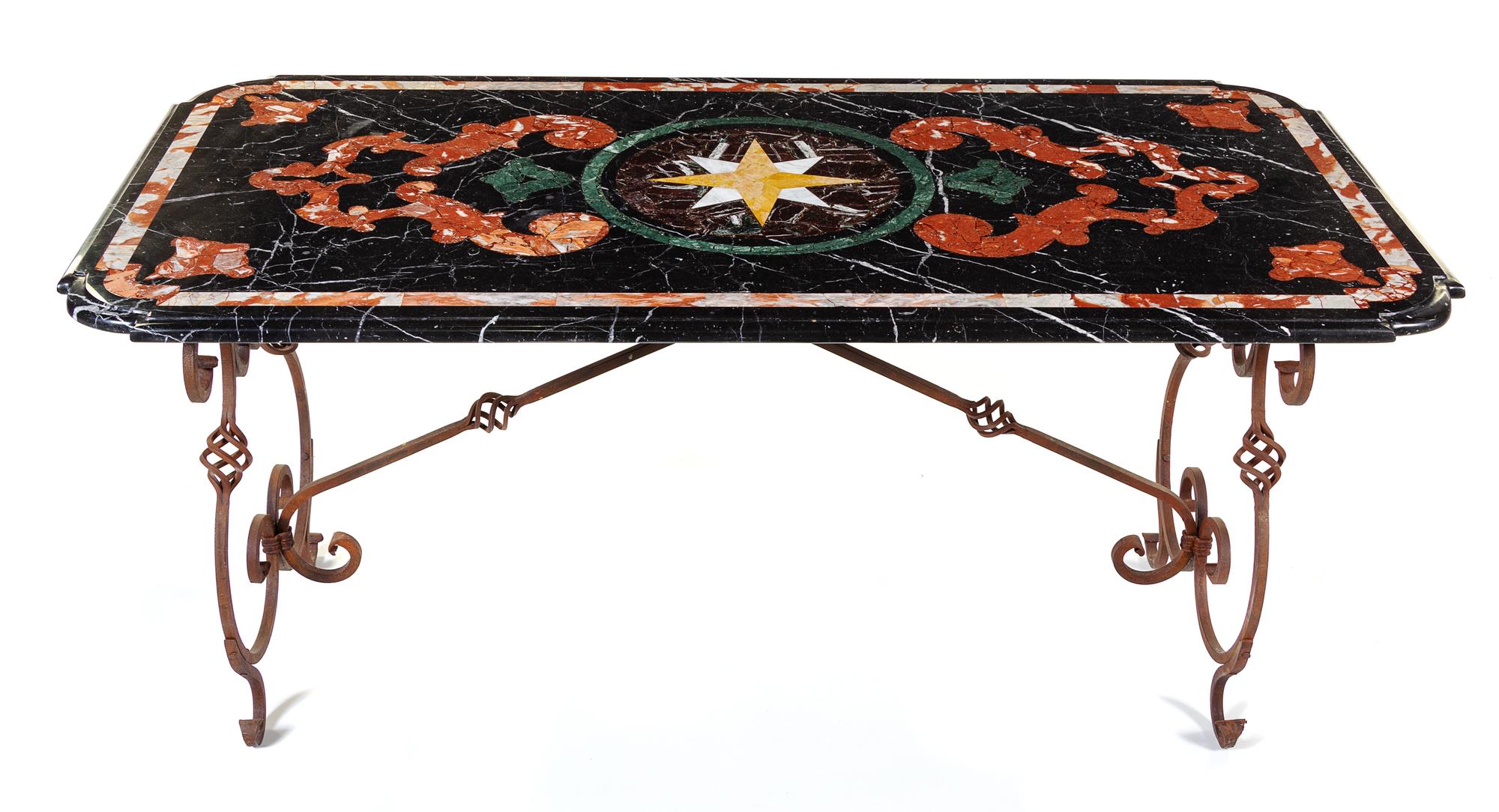 A Pietra Dura Table Top with a Wrought Iron Base Height 30 x width 70 inches. — 20TH CENTURY