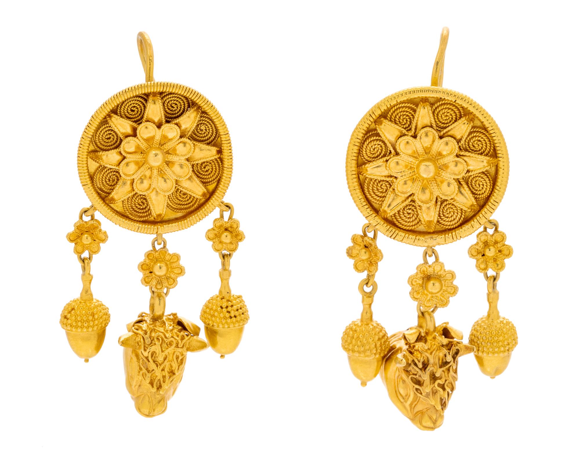 A Pair of 22 Karat Yellow Gold Bull's Head and Acorn Motif Earrings, Dimitris Sabanis, 12.00 dwts.