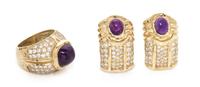 A Yellow Gold, Amethyst and Diamond Demi-Parure, 19.10 dwts.