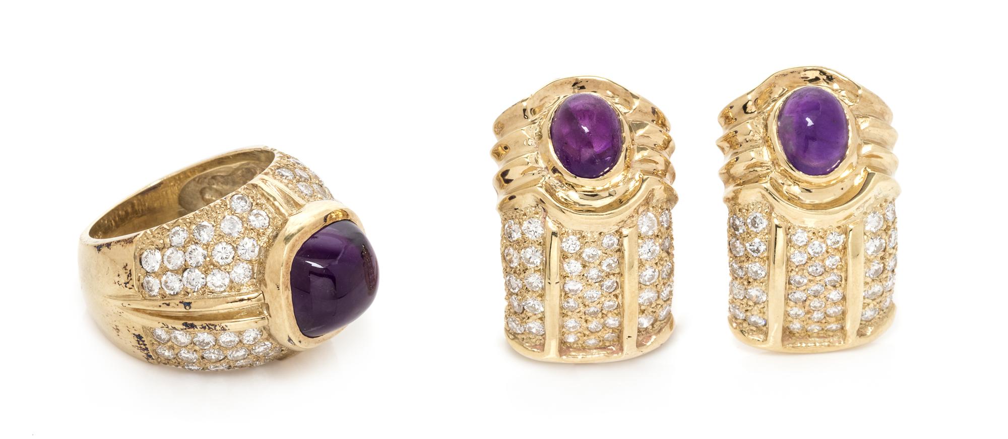 A Yellow Gold, Amethyst and Diamond Demi-Parure, 19.10 dwts.
