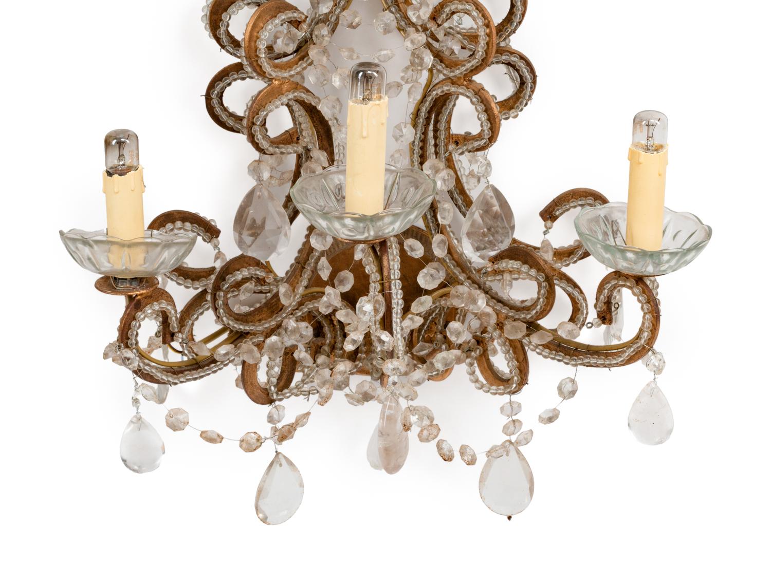 A Set of Four French Beaded Giltwood and Rock Crystal Sconces