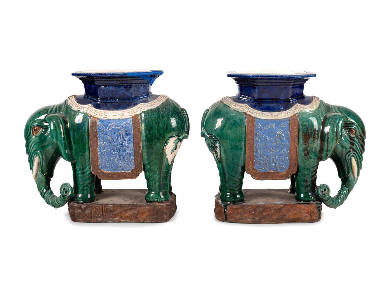 A Pair of Chinese Polychrome Glazed Porcelain Elephant Stands