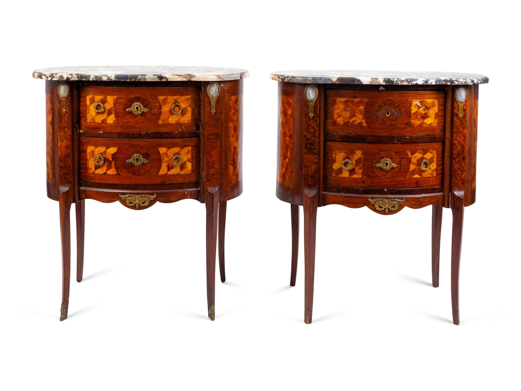 A Pair of Louis XV/XVI Transistional Style Parquetry Inlaid Marble Top Side Cabinets — 20TH CENTURY