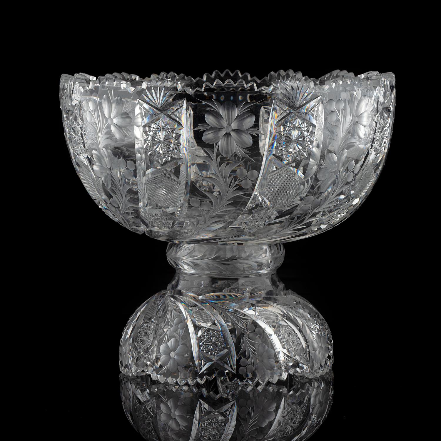A Tuthill Intaglio-Cut Glass Punch Bowl with Eight Cups